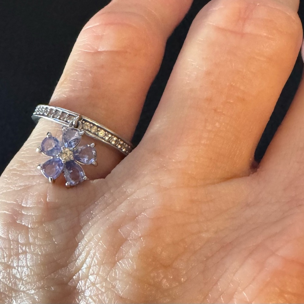 Pear Shaped Tanzanite and Round White Zircon Rhodium over Silver Charm Ring.Sz7. - Picture 2 of 3